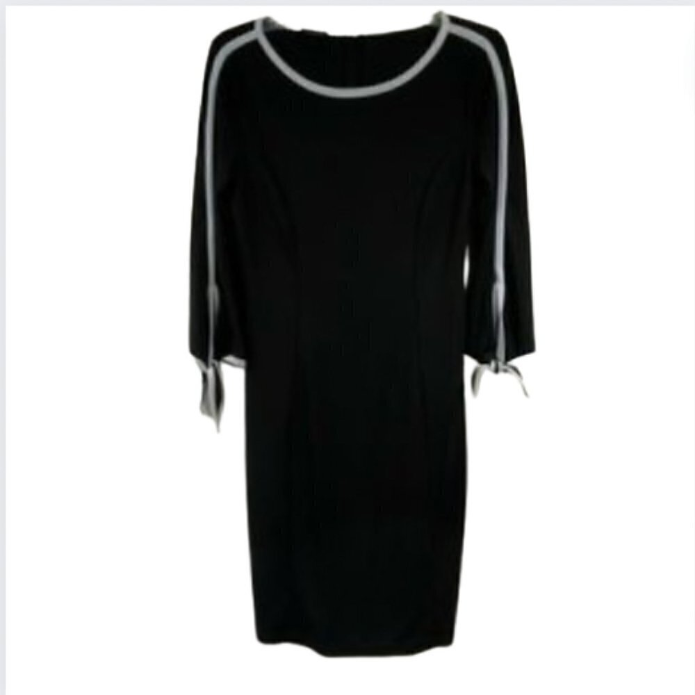 TALBOTS Black with White Trim 3/4 Sleeve Midi Dress with Tie Sleeves, S